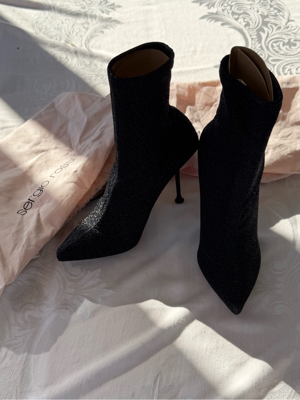 Sergio Rossi Black Sparkle Pointed Sock Booties